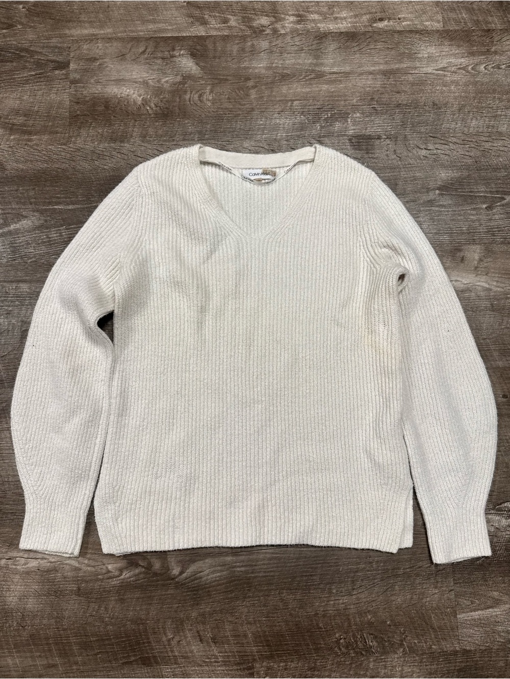 Calvin Klein White Ribbed V-Neck Sweater Size Small